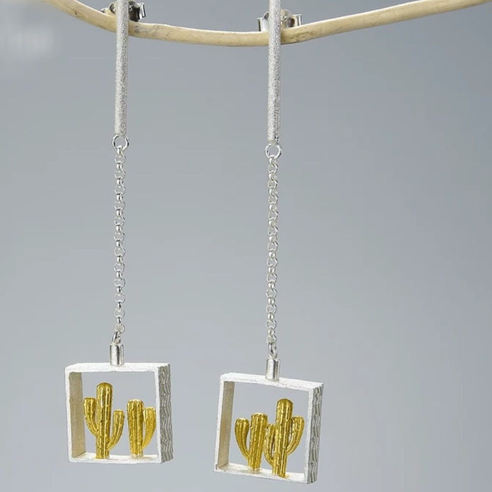 925 Sterling Silver “Prickly Cactus” Dangle Earrings